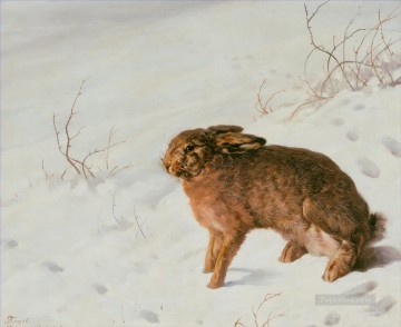 Rabbit Bunny Hare Painting - Ferdinand von Rayski Hare in the Snow
